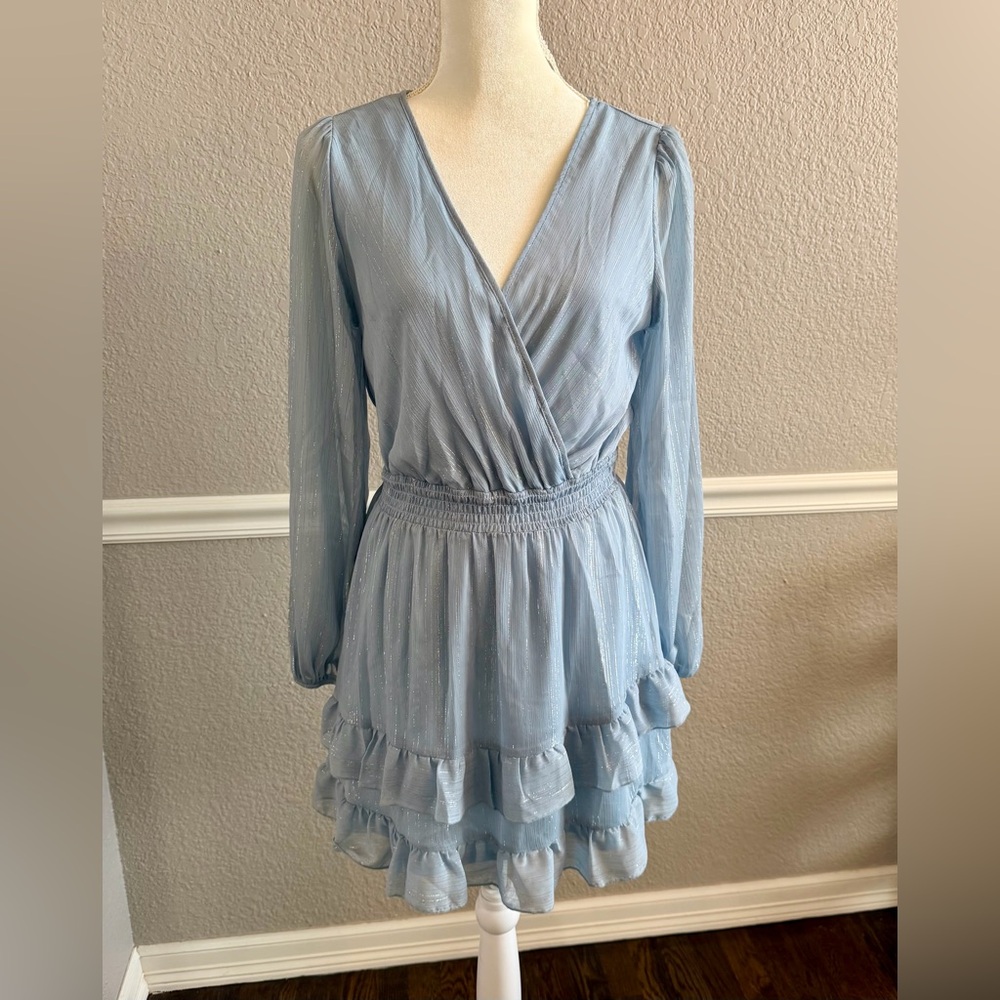 Altar'd State Blue Shimmer Tiered Ruffle Mini Dress M Long Sleeve Boho Fairy